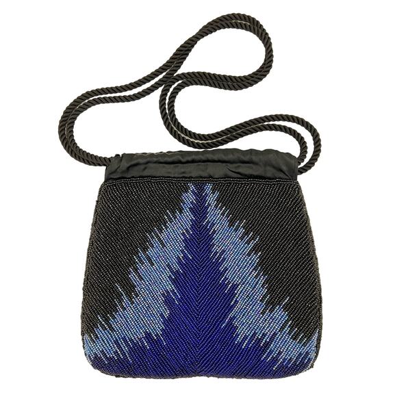 Micheline Burke Handbags - Micheline Burke Beaded Shoulder Mini Drawstring Bag Black Blue Evening Purse VTG